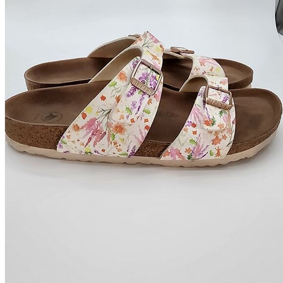 Birkenstock Arizona Womens 41 White Floral Leather Buckle Strap Sandals Summer - Picture 3 of 9